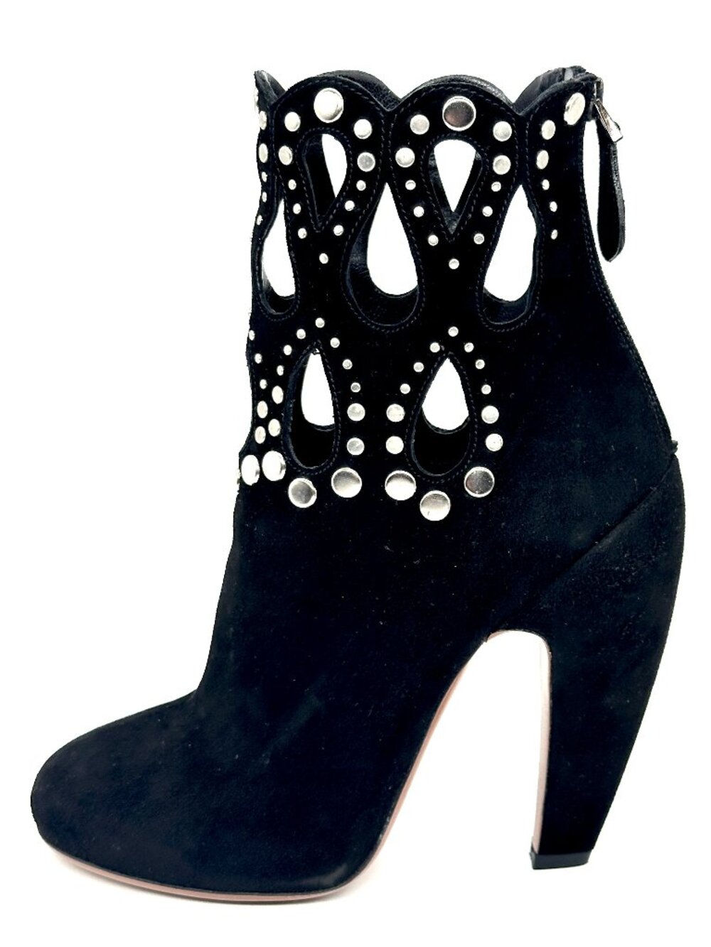 Azzedine Alaia Suede Studded Grommet Rivet Cutout Ankle Bootie Boots Heels